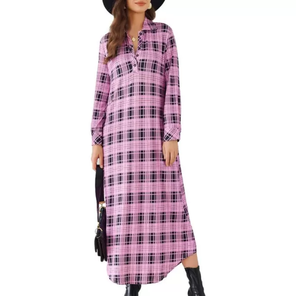 Ekouaer Womens Nightgown Long Sleeve Nightshirt Full Length Loungewear Plaid Sleepwear With PocketsPink Plaid