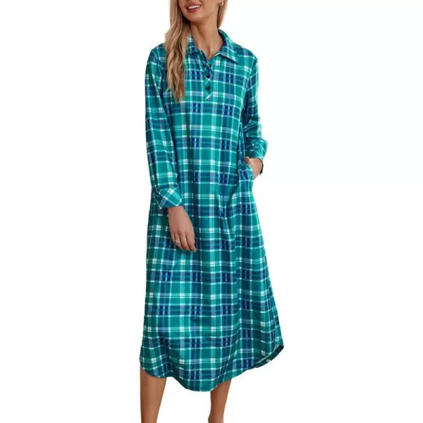 Ekouaer Womens Nightgown Long Sleeve Nightshirt Full Length Loungewear Plaid Sleepwear With PocketsTurquoise Plaid