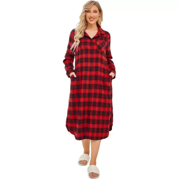 Ekouaer Womens Nightgown Plaid Flannel Warm Cotton Christmas Nightgown Sleep Shirt ButtonFront Nightshirt SleepwearBlack Red 2