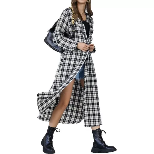 Ekouaer Womens Nightgown Plaid Flannel Warm Cotton Christmas Nightgown Sleep Shirt ButtonFront Nightshirt SleepwearBlack White 2