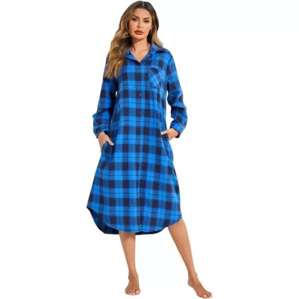 Ekouaer Womens Nightgown Plaid Flannel Warm Cotton Christmas Nightgown Sleep Shirt ButtonFront Nightshirt SleepwearBlue