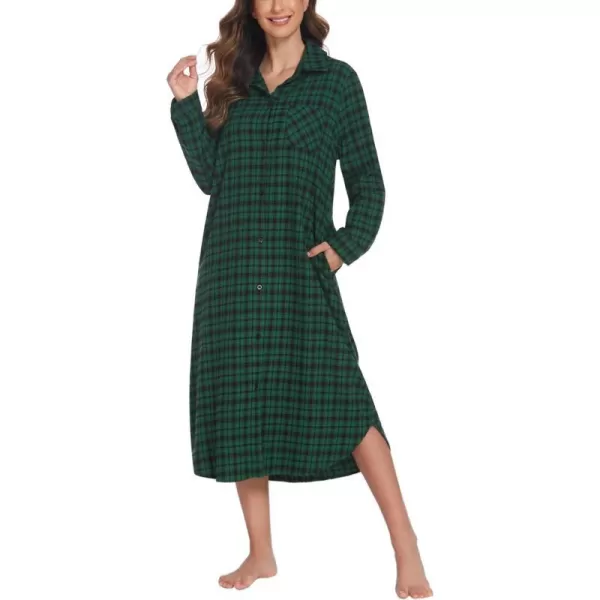 Ekouaer Womens Nightgown Plaid Flannel Warm Cotton Christmas Nightgown Sleep Shirt ButtonFront Nightshirt SleepwearGreen