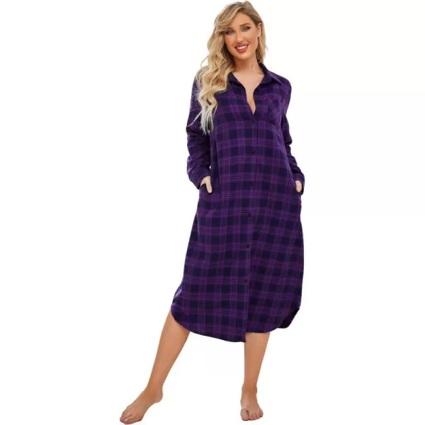 Ekouaer Womens Nightgown Plaid Flannel Warm Cotton Christmas Nightgown Sleep Shirt ButtonFront Nightshirt SleepwearPurple 2