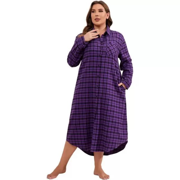 Ekouaer Womens Nightgown Plaid Flannel Warm Cotton Christmas Nightgown Sleep Shirt ButtonFront Nightshirt SleepwearPurple