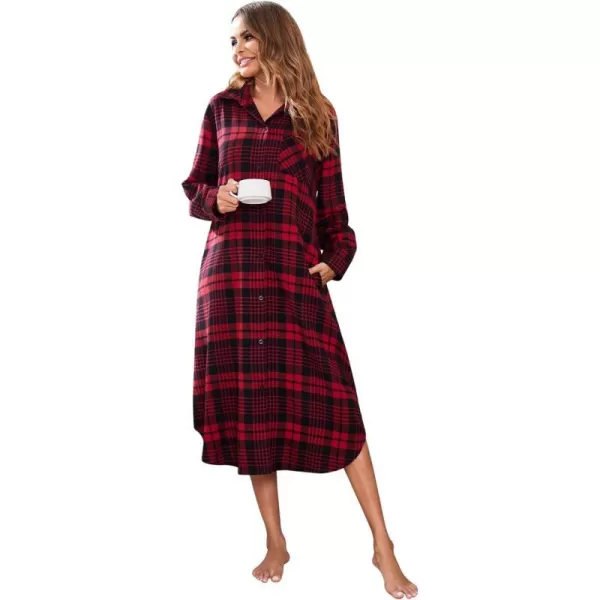 Ekouaer Womens Nightgown Plaid Flannel Warm Cotton Christmas Nightgown Sleep Shirt ButtonFront Nightshirt SleepwearRed and Black