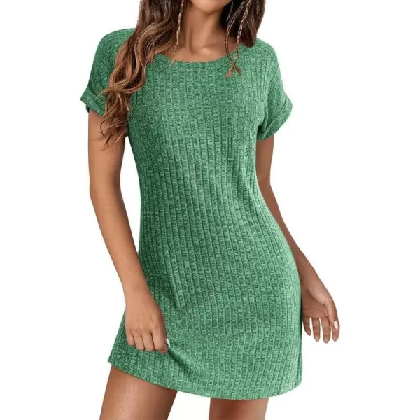 Ekouaer Womens Nightgown Ribbed Knit Sleepshirt Short Sleeve Nightshirt Casual Crew Neck SleepwearGreen