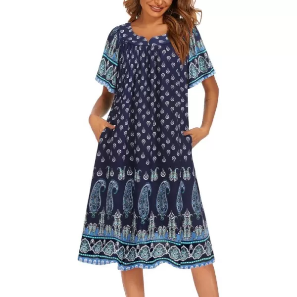 Ekouaer Womens Nightgown Short Sleeve House Dress with PocketsFloral Print Mumu Dress SXXXLNavy Cashew Nuts