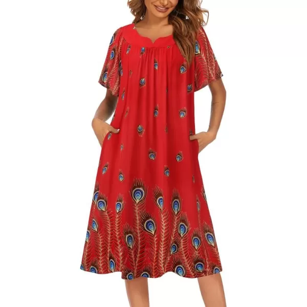 Ekouaer Womens Nightgown Short Sleeve House Dress with PocketsFloral Print Mumu Dress SXXXLPeacock Print