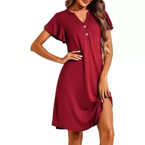 Ekouaer Womens Nightgown Short Sleeve Sleepshirt VNeck Sleepwear Soft Nightshirt Pajama Dress SXXLWine Red