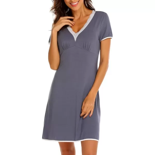 Ekouaer Womens Nightgown V Neck Sexy Sleepwear Short Sleeve Sleep Shirt Lace Trim Soft Night ShirtsGrey