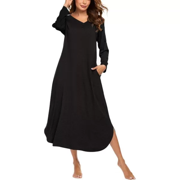 Ekouaer Womens Nightgown VNeck Loungewear Long Sleeve Sleepwear Full Length Nightgown for Women S4XLLong Sleevesall Black