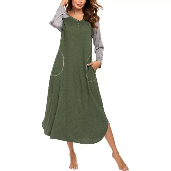 Ekouaer Womens Nightgown VNeck Loungewear Long Sleeve Sleepwear Full Length Nightgown for Women S4XLLong Sleevesarmy Green