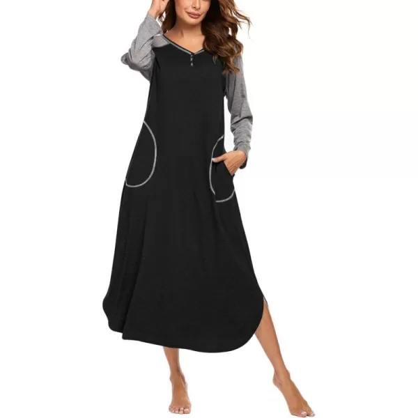 Ekouaer Womens Nightgown VNeck Loungewear Long Sleeve Sleepwear Full Length Nightgown for Women S4XLLong Sleevesblack