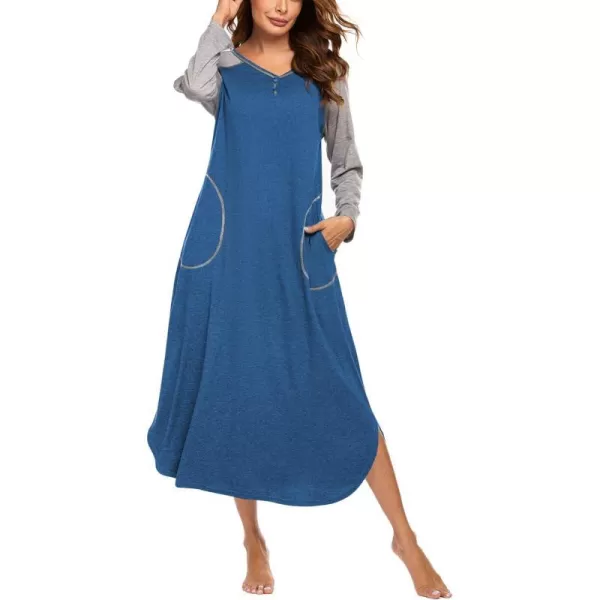 Ekouaer Womens Nightgown VNeck Loungewear Long Sleeve Sleepwear Full Length Nightgown for Women S4XLLong Sleevesblue