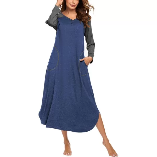 Ekouaer Womens Nightgown VNeck Loungewear Long Sleeve Sleepwear Full Length Nightgown for Women S4XLLong Sleevesnavy Blue