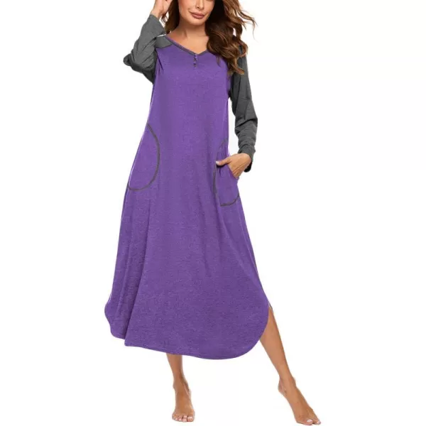 Ekouaer Womens Nightgown VNeck Loungewear Long Sleeve Sleepwear Full Length Nightgown for Women S4XLLong Sleevespurple