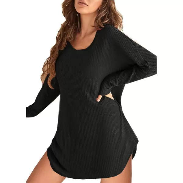 Ekouaer Womens Nightgown Waffle Knit Long Sleeve Sleepshirts Night Shirts for WomenBalck