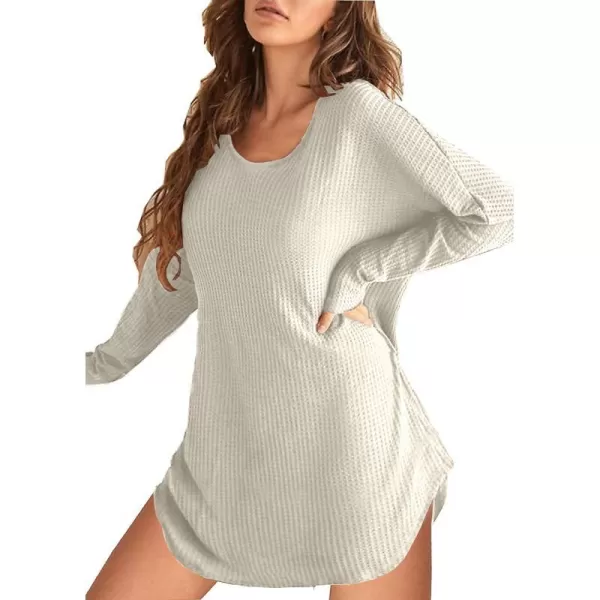 Ekouaer Womens Nightgown Waffle Knit Long Sleeve Sleepshirts Night Shirts for WomenBeige