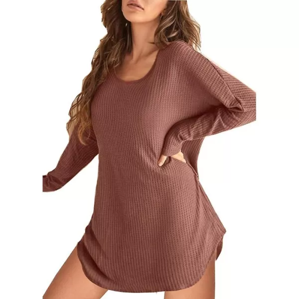 Ekouaer Womens Nightgown Waffle Knit Long Sleeve Sleepshirts Night Shirts for WomenBrick Red