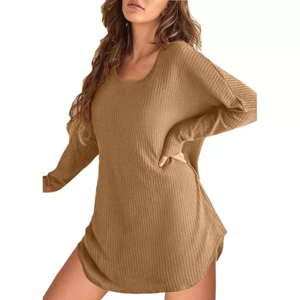 Ekouaer Womens Nightgown Waffle Knit Long Sleeve Sleepshirts Night Shirts for WomenBrown