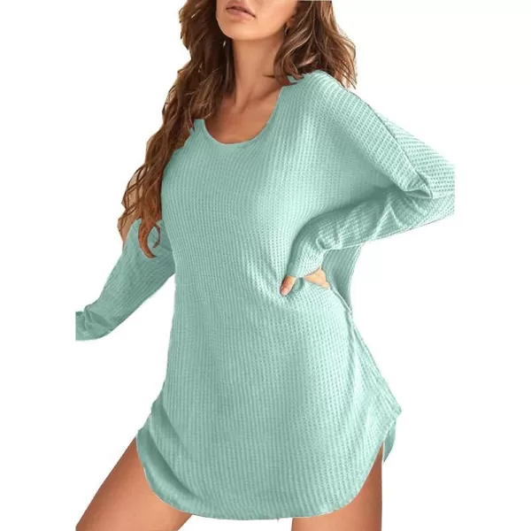 Ekouaer Womens Nightgown Waffle Knit Long Sleeve Sleepshirts Night Shirts for WomenGreen