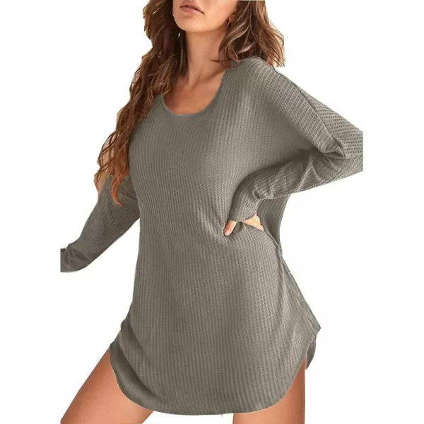 Ekouaer Womens Nightgown Waffle Knit Long Sleeve Sleepshirts Night Shirts for WomenKhaki