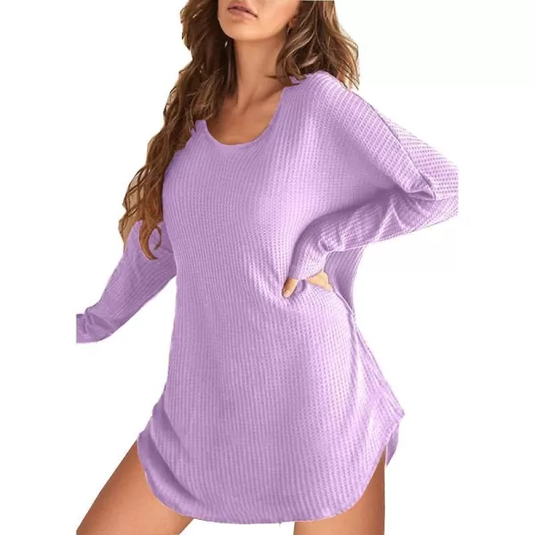 Ekouaer Womens Nightgown Waffle Knit Long Sleeve Sleepshirts Night Shirts for WomenLilac Purple