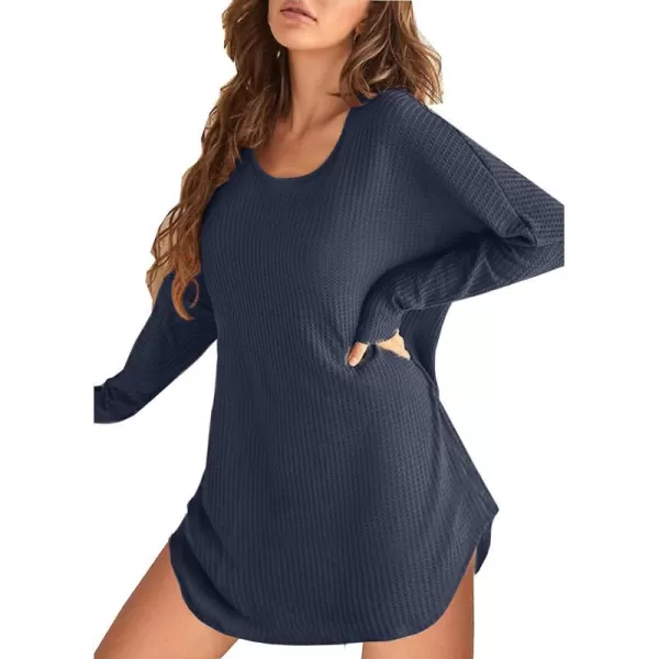 Ekouaer Womens Nightgown Waffle Knit Long Sleeve Sleepshirts Night Shirts for WomenNavy Blue