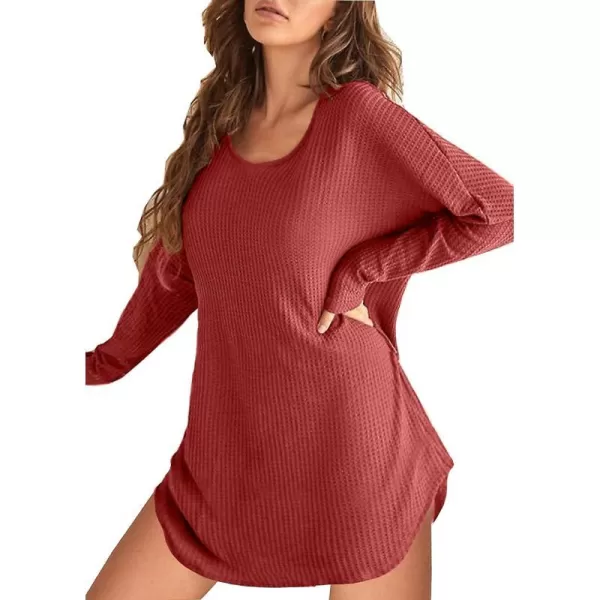 Ekouaer Womens Nightgown Waffle Knit Long Sleeve Sleepshirts Night Shirts for WomenRed