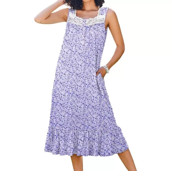 Ekouaer Womens Nightgowns Victorian Long Sleeveless Sleepdress with Pockets Lace Trim Button Up Nightshirt SXXXLBlue and Purple Polka Dots