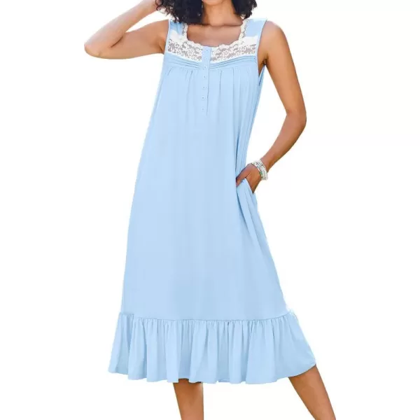 Ekouaer Womens Nightgowns Victorian Long Sleeveless Sleepdress with Pockets Lace Trim Button Up Nightshirt SXXXLLight Blue