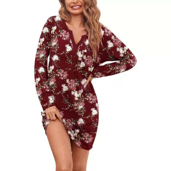 Ekouaer Womens Nightshirt Long Sleeve Button Down Nightgown VNeck Sleepwear Casual Pajama DressRed Flower 7