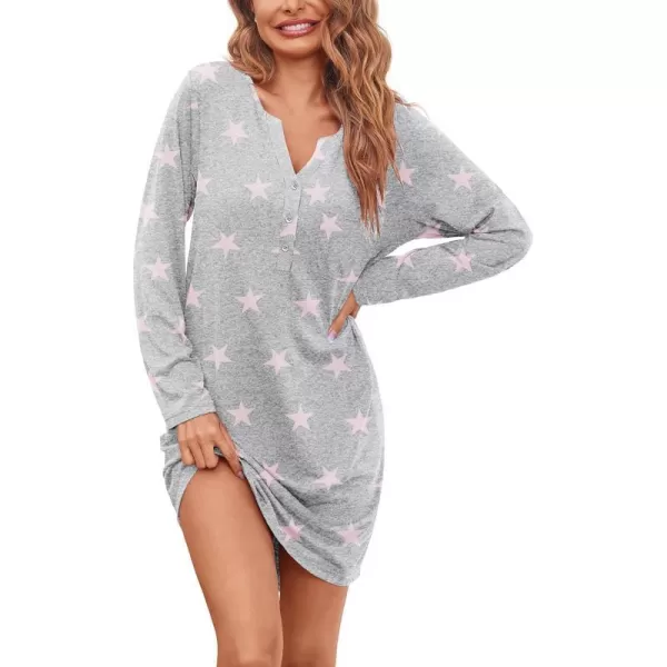 Ekouaer Womens Nightshirt Long Sleeve Button Down Nightgown VNeck Sleepwear Casual Pajama DressStars 6