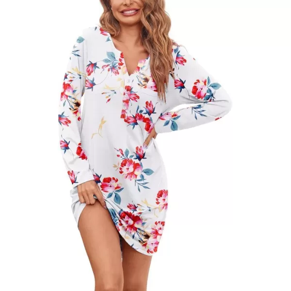 Ekouaer Womens Nightshirt Long Sleeve Button Down Nightgown VNeck Sleepwear Casual Pajama DressWhite Flower 8