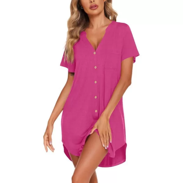 Ekouaer Womens Nightshirt Short Sleeve Button Down Nightgown VNeck Loungewear Pajama Dress SXXLHot Pink