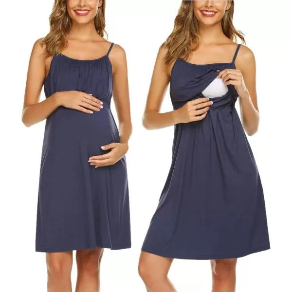 Ekouaer Womens Nursing Nightgown Maternity Dress Breastfeeding Gown Full Slips SleepwearNavy Blue