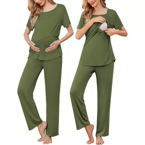 Ekouaer Womens Nursing Pajamas Maternity Pajama Postpartum PJS Breastfeeding Short Sleeve Top amp Pants Sets with PocketsAarmy Green