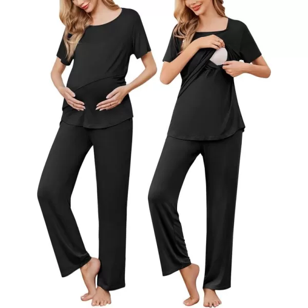 Ekouaer Womens Nursing Pajamas Maternity Pajama Postpartum PJS Breastfeeding Short Sleeve Top amp Pants Sets with PocketsAblack