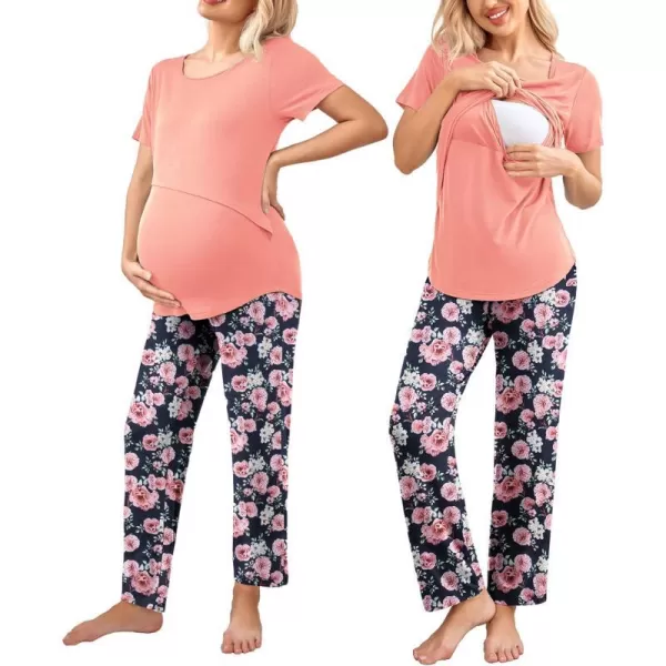 Ekouaer Womens Nursing Pajamas Maternity Pajama Postpartum PJS Breastfeeding Short Sleeve Top amp Pants Sets with PocketsAfloral Pink