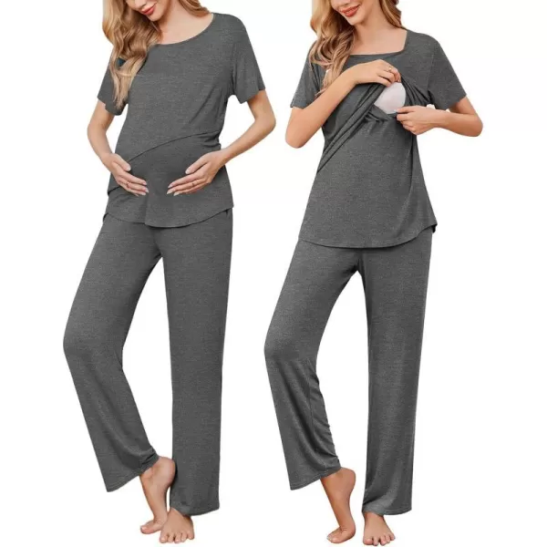 Ekouaer Womens Nursing Pajamas Maternity Pajama Postpartum PJS Breastfeeding Short Sleeve Top amp Pants Sets with PocketsAgrey