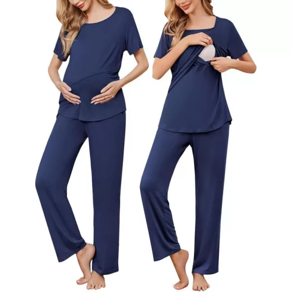 Ekouaer Womens Nursing Pajamas Maternity Pajama Postpartum PJS Breastfeeding Short Sleeve Top amp Pants Sets with PocketsAnavy Blue