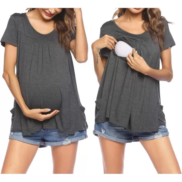 Ekouaer Womens Nursing Top Maternity Shirts for Breastfeeding Soft Double Layer Short Sleeve Pregnancy TShirts with PocketsDark Gray