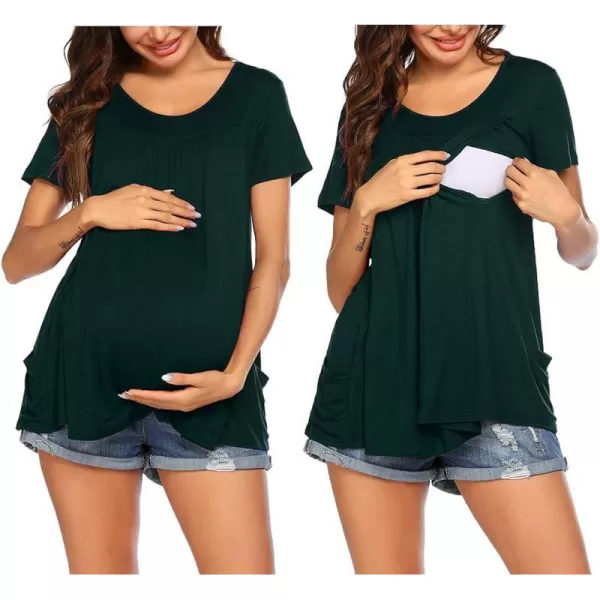 Ekouaer Womens Nursing Top Maternity Shirts for Breastfeeding Soft Double Layer Short Sleeve Pregnancy TShirts with PocketsDark Green