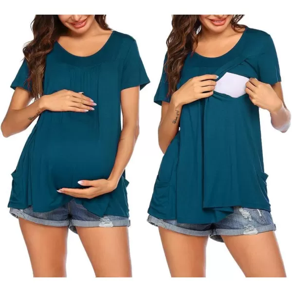 Ekouaer Womens Nursing Top Maternity Shirts for Breastfeeding Soft Double Layer Short Sleeve Pregnancy TShirts with PocketsTeal