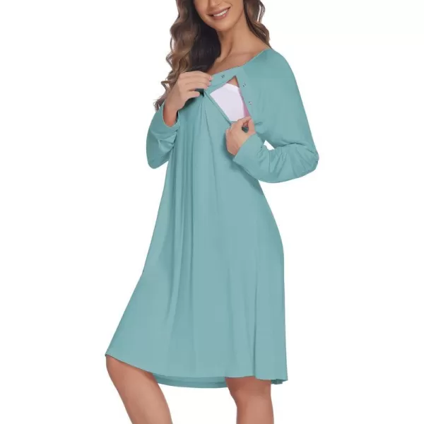 Ekouaer Womens NursingDeliveryLabor Nightgown Long Sleeve Maternity Sleepshirt for Breastfeeding with ButtonCeladon Green