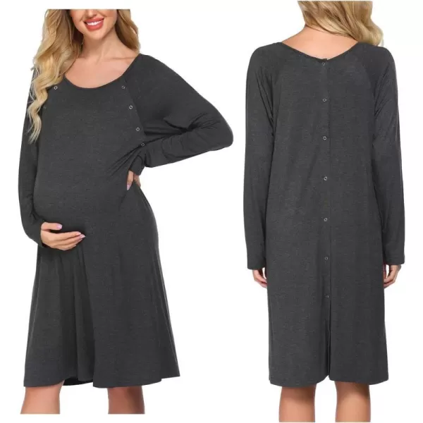 Ekouaer Womens NursingDeliveryLabor Nightgown Long Sleeve Maternity Sleepshirt for Breastfeeding with ButtonGray