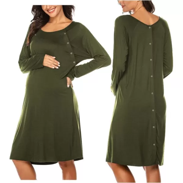 Ekouaer Womens NursingDeliveryLabor Nightgown Long Sleeve Maternity Sleepshirt for Breastfeeding with ButtonGreen