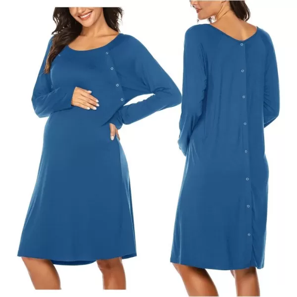 Ekouaer Womens NursingDeliveryLabor Nightgown Long Sleeve Maternity Sleepshirt for Breastfeeding with ButtonNew Blue