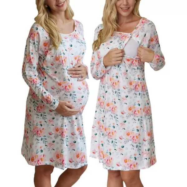 Ekouaer Womens NursingDeliveryLabor Nightgown Long Sleeve Maternity Sleepshirt for Breastfeeding with ButtonOrange Floral