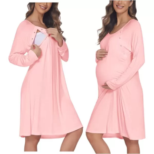 Ekouaer Womens NursingDeliveryLabor Nightgown Long Sleeve Maternity Sleepshirt for Breastfeeding with ButtonPink